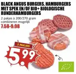 MCD Supermarkt BLACK ANGUS BURGERS, HAMBURGERS MET SPEK EN/OF BIO+ BIOLOGISCHE RUNDERHAMBURGERS aanbieding