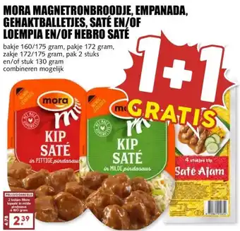 MCD Supermarkt MORA MAGNETRONBROODJE, EMPANADA, GEHAKTBALLETJES, SATÉ EN/OF LOEMPIA EN/OF HEBRO SATÉ aanbieding