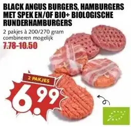 MCD Supermarkt BLACK ANGUS BURGERS, HAMBURGERS MET SPEK EN/OF BIO+ BIOLOGISCHE RUNDERHAMBURGERS aanbieding