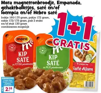 Boon`s Markt Mora magnetronbroodje, Empanada, gehaktballetjes, saté en/of foempia en/of Hebro saté aanbieding