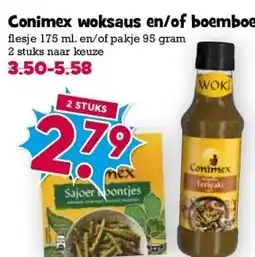 Boon`s Markt Conimex woksaus en/of boemboe flesje 175 ml. en/of pakje 95 gram aanbieding