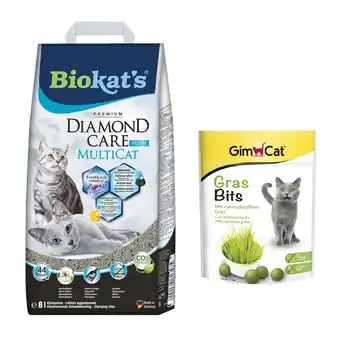 Zooplus 140 g GimCat GrasBits snack gratis! Biokat's Diamond Care kattenbakvulling - 8 l MultiCat Fresh aanbieding