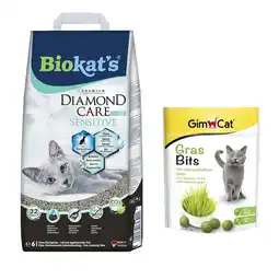 Zooplus 140 g GimCat GrasBits snack gratis! Biokat's Diamond Care kattenbakvulling - 6 l Sensitive Classic aanbieding