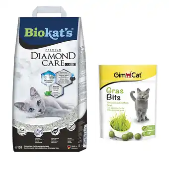 Zooplus 140 g GimCat GrasBits snack gratis! Biokat's Diamond Care kattenbakvulling - 10 l Classic aanbieding