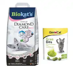 Zooplus 140 g GimCat GrasBits snack gratis! Biokat's Diamond Care kattenbakvulling - 10 l Fresh aanbieding