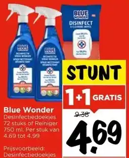 Vomar Voordeelmarkt Blue Wonder Desinfectiedoekjes 72 stuks of Reiniger 750 ml. Per stuk van 4.69 tot 4.99 aanbieding