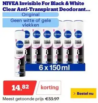 Bol.com NIVEA Invisible For Black & White Clear Anti-Transpirant Deodorant Spray aanbieding