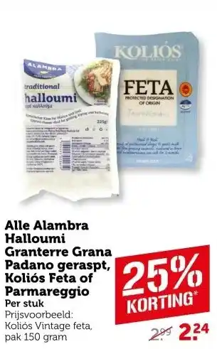 Coop Alle Alambra Halloumi Granterre Grana Padano geraspt, Koliós Feta of Parmareggio aanbieding