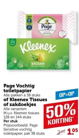 Coop Page Vochtig toiletpapier of Kleenex Tissues of zakdoekjes aanbieding