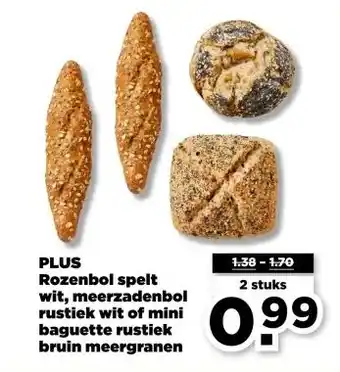 PLUS PLUS Rozenbol spelt wit, meerzadenbol rustiek wit of mini baguette rustiek bruin meergranen aanbieding