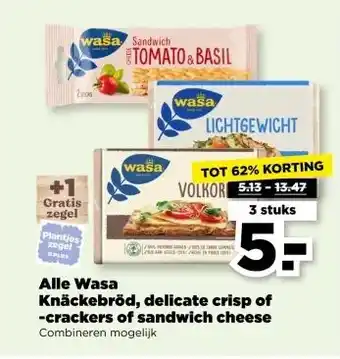 PLUS Alle Wasa Knäckebröd, delicate crisp of -crackers of sandwich cheese aanbieding