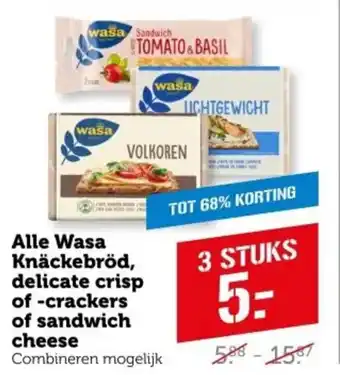 Coop Alle Wasa Knäckebröd, delicate crisp of crackers of sandwich cheese aanbieding