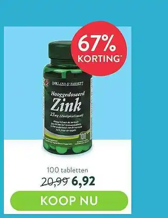 Holland & Barrett Holland&Barrett Hooggedoseerd Zink 25mg 67% Korting aanbieding