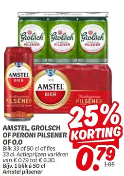 Dekamarkt Amstel, grolsch of peroni pilsener of 0.0 aanbieding