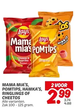 Dekamarkt Mama mia's, pomtips, hamka's, ringlings of cheetos aanbieding