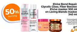 Trekpleister Elvive Bond Repair, Glycolic Gloss, Fiber Booster, Elvive masker 300 ml en Loving Blends masker aanbieding