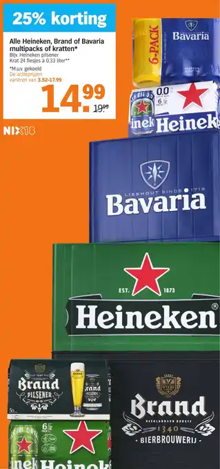 Albert Heijn Alle Heineken, Brand of Bavaria multipacks of kratten aanbieding