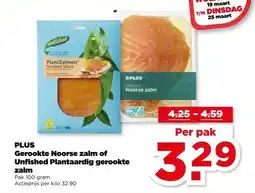 PLUS PLUS Gerookte Noorse zalm of Unfished Plantaardig gerookte zalm aanbieding