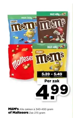 PLUS M&M's Alle zakken à 340-400 gram of Maltesers Zak 273 gram aanbieding