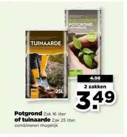 PLUS Potgrond Zak 16 liter of tuinaarde Zak 25 liter, aanbieding