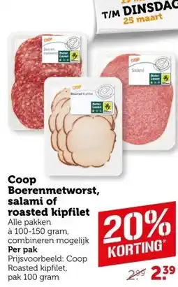 Coop Coop Boerenmetworst, salami of roasted kipfilet aanbieding