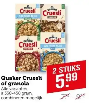 Coop Quaker Cruesli of granola aanbieding