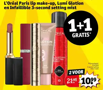 Kruidvat L'oréal paris lip make-up lumi glotion en infaillible 3-second setting mist aanbieding