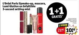 Kruidvat L'oréal paris lipmake-up mascara lumi glotion en infaillible 3-second setting mist aanbieding