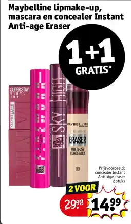 Kruidvat Maybelline lipmake-up mascara en concealer instant anti-age eraser aanbieding