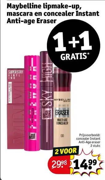 Kruidvat Maybelline lipmake-up mascara en concealer instant anti-age eraser aanbieding