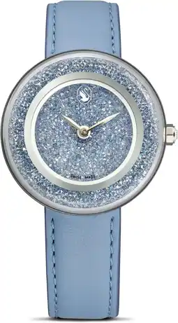 Amazon Swarovski Horloge met kristallijne glans, Zwitserse makelij, leren band, blauw, roestvrij staal aanbieding