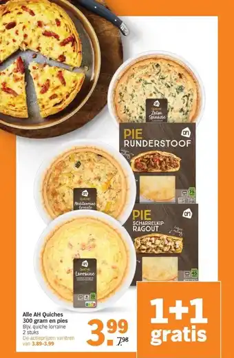 Albert Heijn Alle AH Quiches 300 gram en pies Bijv. quiche lorraine aanbieding