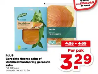 PLUS PLUS Gerookte Noorse zalm of Unfished Plantaardig gerookte zalm aanbieding