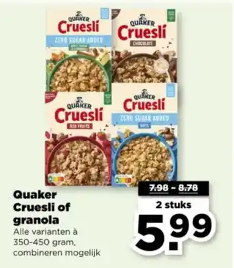 PLUS Quaker Cruesli of granola aanbieding