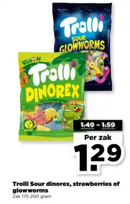 PLUS Trolli Sour dinorex, strawberries of glowworms aanbieding