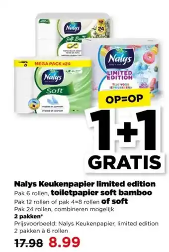 PLUS Nalys Keukenpapier limited edition rollen, toiletpapier soft bamboo  of soft aanbieding