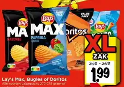 Vomar Voordeelmarkt Lay's Max, Bugles of Doritos Alle soorten valuepacks 272-275 gram of partypack 160 gram aanbieding