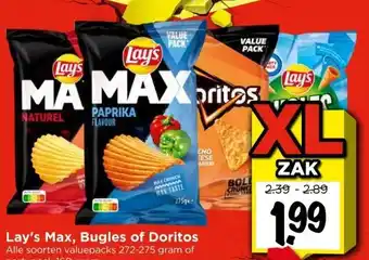 Vomar Voordeelmarkt Lay's Max, Bugles of Doritos Alle soorten valuepacks 272-275 gram of partypack 160 gram aanbieding