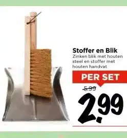 Vomar Voordeelmarkt Stoffer en Blik Zinken blik met houten steel en stoffer met houten handvat aanbieding