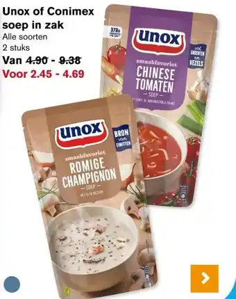 Hoogvliet Unox of Conimex soep in zak aanbieding