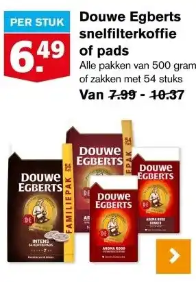 Hoogvliet Douwe Egberts snelfilterkoffie of pads aanbieding