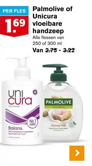 Hoogvliet Palmolive of Unicura vloeibare handzeep aanbieding