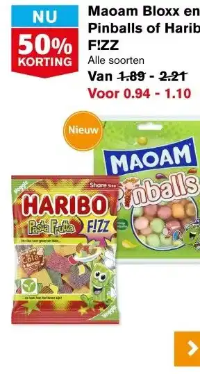 Hoogvliet Maoam Bloxx en Pinballs of Haribo FIZZ aanbieding