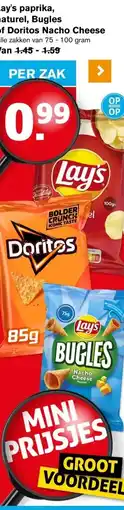 Hoogvliet Lay's paprika, naturel, Bugles of Doritos Nacho Cheese aanbieding