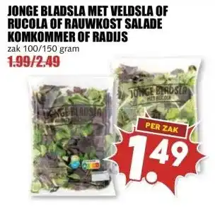 MCD Supermarkt JONGE BLADSLA MET VELDSLA OF RUCOLA OF RAUWKOST SALADE KOMKOMMER OF RADUS aanbieding