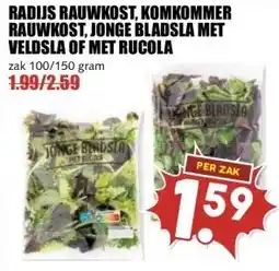 MCD Supermarkt RADIJS RAUWKOST, KOMKOMMER RAUWKOST, JONGE BLADSLA MET VELDSLA OF MET RUCOLA aanbieding