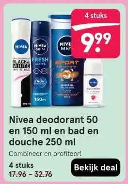 Etos Nivea deodorant 50 en 150 ml en bad en douche 250 ml aanbieding