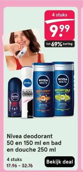 Etos Nivea deodorant 50 en 150 ml en bad en douche 250 ml aanbieding