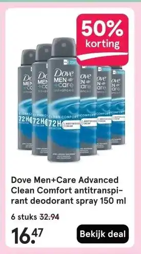 Etos Dove Men+Care Advanced Clean Comfort antitranspi- rant deodorant spray 150 ml aanbieding