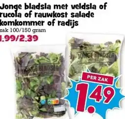 Boon`s Markt Jonge bladsla met veldsla of rucola of rauwkost salade komkommer of radijs aanbieding